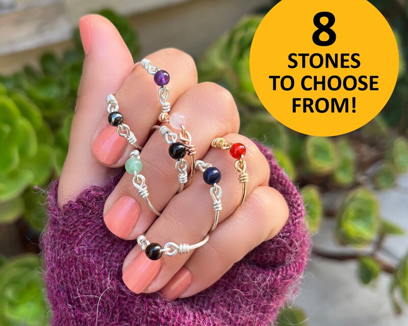 Dainty gemstone ring, fidget ring, natural stone jewelry, amethyst, tiger's eye, rose quartz, hematite